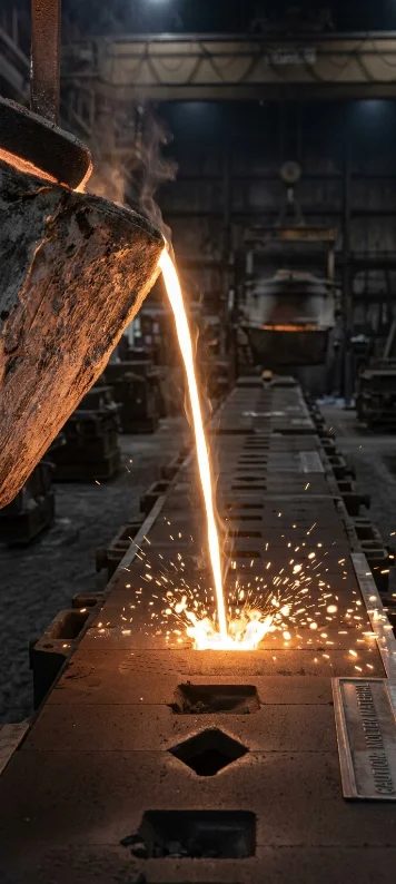 Molten aluminium poured into a sand mould